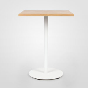 A stylus bar table with Oak timber top and white pedestal base