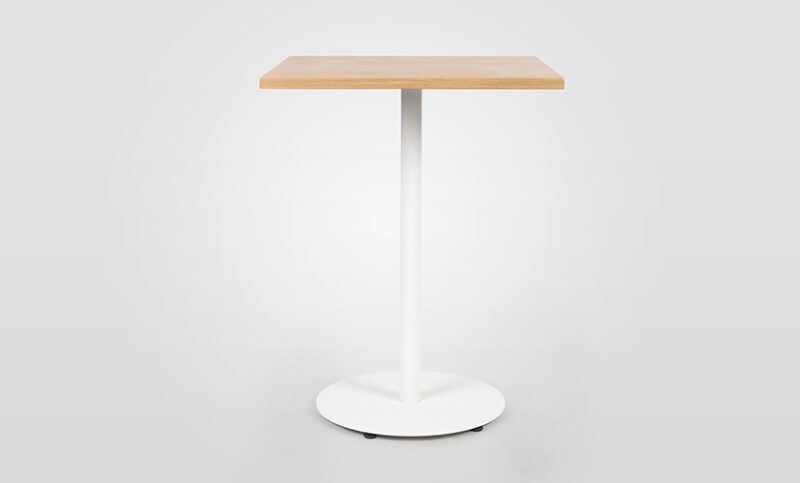 A stylus bar table with Oak timber top and white pedestal base