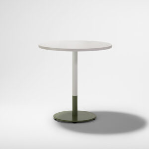 The Stylus Duo Table, featuring a round, white tabletop paired with a white and green metal pedestal base, set against a plain white background.