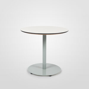 A Stylus dining table with white top and egg blue pedestal base.