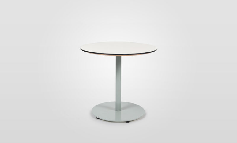 A Stylus dining table with white top and egg blue pedestal base.