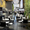 Arper Catifa 46 4-leg chair with polypropylene shell on a 4-leg steel frame, situated around a table in a large breakout area dining hall.
