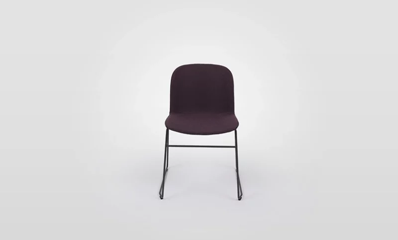 A purple chair with a black frame on a white background.