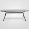 A grey table with black legs on a white background.