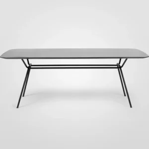 A grey table with black legs on a white background.