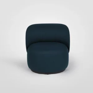 A blue upholstered chair on a white background.