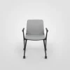 A gray chair with a black frame on a white background.