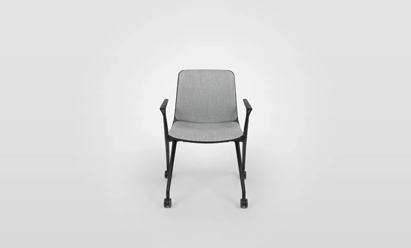 A gray chair with a black frame on a white background.
