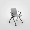 A gray chair with black wheels on a white background.