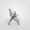 A black chair with wheels on a white background.