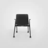 A black chair on wheels against a white background.