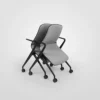 A gray chair with wheels on a white background.