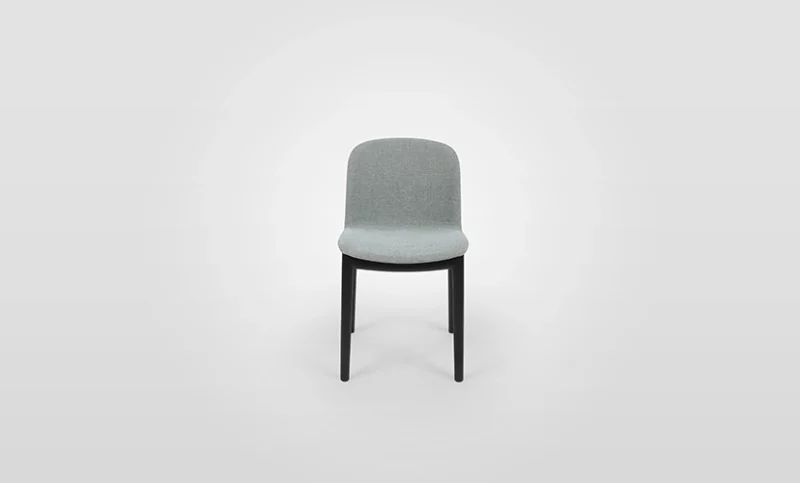 A blue chair with black legs on a white background.