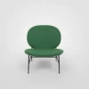 A green chair with black legs on a white background.