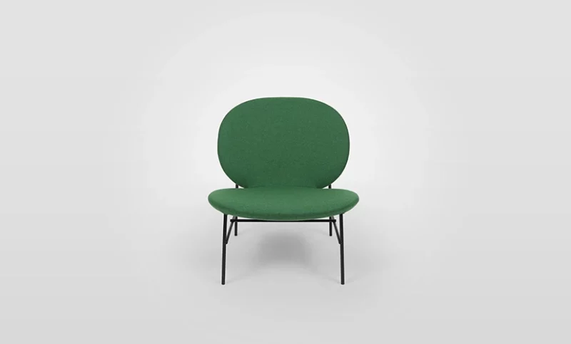 A green chair with black legs on a white background.