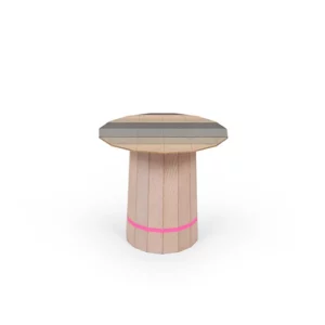 A modern wooden stool with a hexagonal seat and a single pink band around the base.