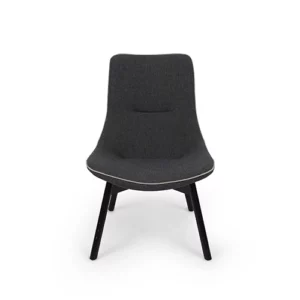 Modern grey fabric chair with black legs isolated on a white background.