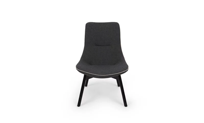 Modern grey fabric chair with black legs isolated on a white background.