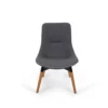 Modern gray upholstered chair with wooden legs isolated on a white background.