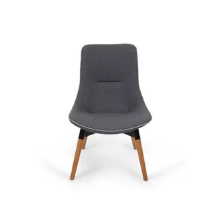 Modern gray upholstered chair with wooden legs isolated on a white background.