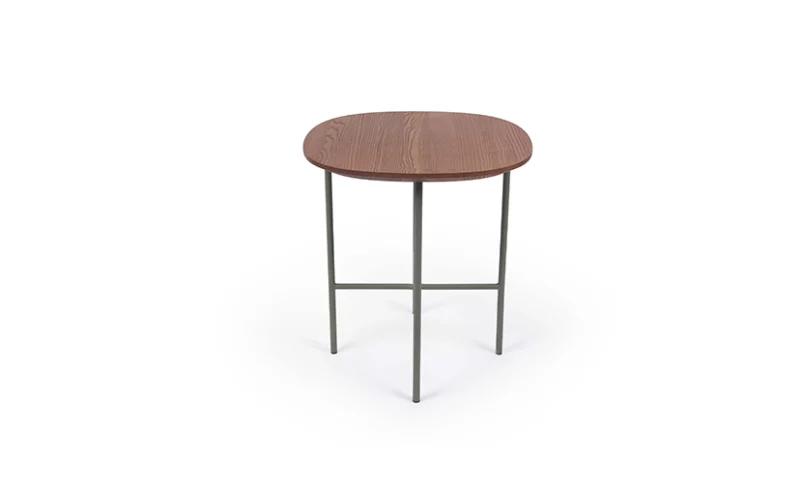 A simple round wooden tabletop with slender metal legs on a white background.