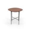 A modern side table with a wooden top and metal legs on a white background.