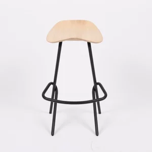 Modern stool with a curved wooden seat and black metal legs on a white background.