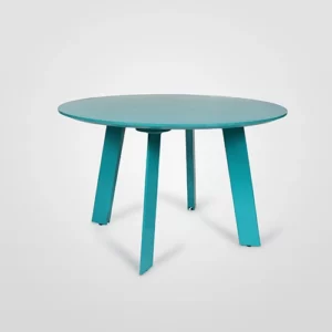 Round turquoise table with four legs against a white background.