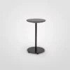 A modern round-top side table with a slender black stand on a white background.