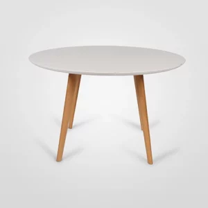 Gher from Arper is a modern round dining table with a white top and Oak wooden legs on a white background.