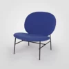 Modern blue upholstered chair with black metal legs on a white background.