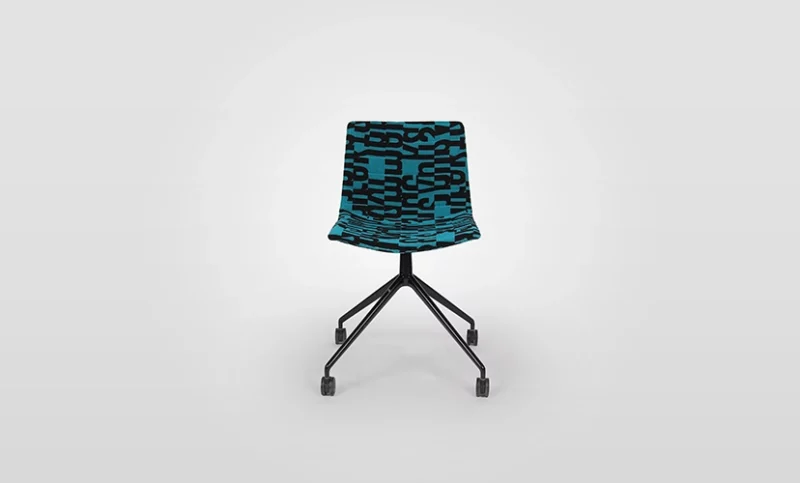 Modern office chair with blue patterned upholstery on a white background.