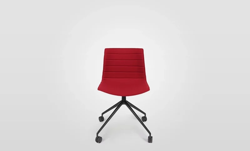 A red office chair with a five-wheel base against a white background.