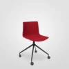 A modern red office chair with a five-star base on wheels against a white background.