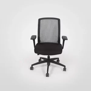 A black office chair with adjustable armrests on a white background.