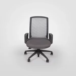 An empty office chair with a mesh backrest on a white background.