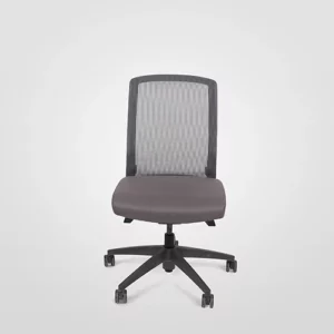 Office chair with black casters and gray upholstery against a white background.