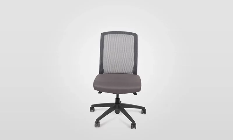 Office chair with black casters and gray upholstery against a white background.