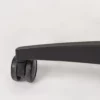 Close-up of a black eyeglasses arm with a hinge on a white background.