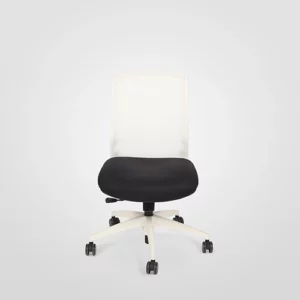 Office chair with white backrest and black seat on a gray background.