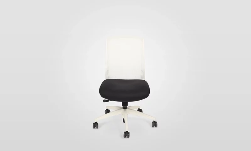 Office chair with white backrest and black seat on a gray background.