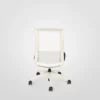 An empty modern office chair with a white frame and mesh back on a light background.