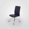 A modern office chair with wheels against a neutral background.