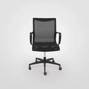 Black office chair with mesh backrest on a white background.