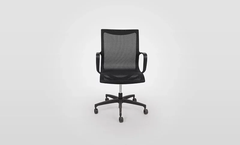 Black office chair with mesh backrest on a white background.