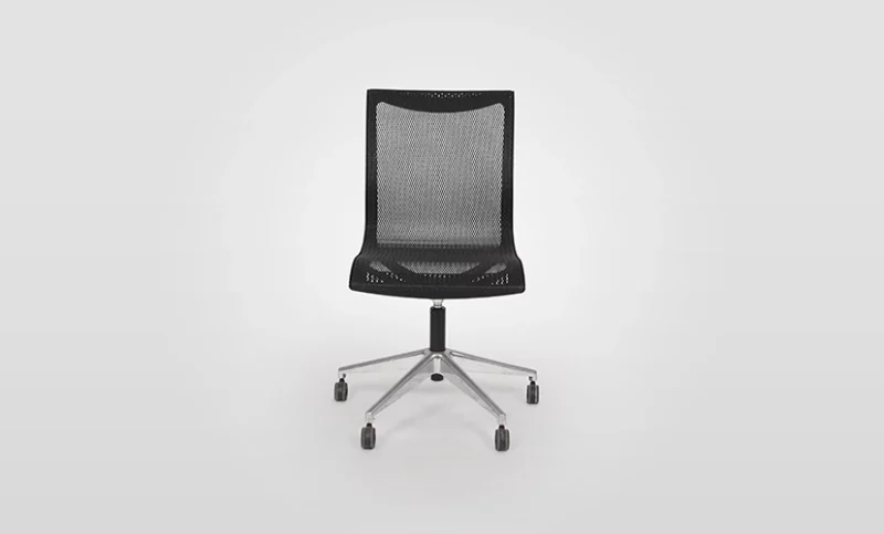 Modern office chair with black mesh backrest on a white background.