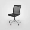 Modern black office chair with mesh backrest and wheeled base.