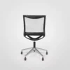 Black rolling office chair with mesh back against a grey background.