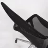 A black mesh office chair with its backrest leaning forward against a white background.