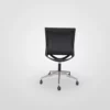 Black office chair with mesh backrest and wheeled base on a white background.